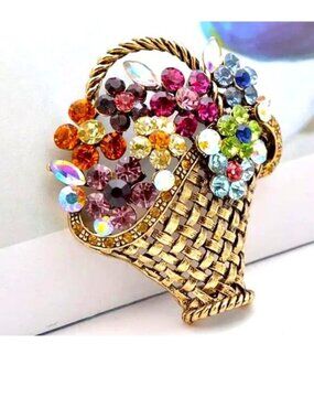 Flower Brooch Bouquet Basket Rhinestone Pin Gems Crystal Colorful Stylish Glam
